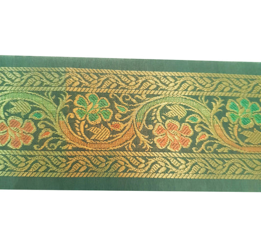 Sushila Vintage Sari Border Bottle Green Floral Brocade Swing Trim 3 Yard Lace