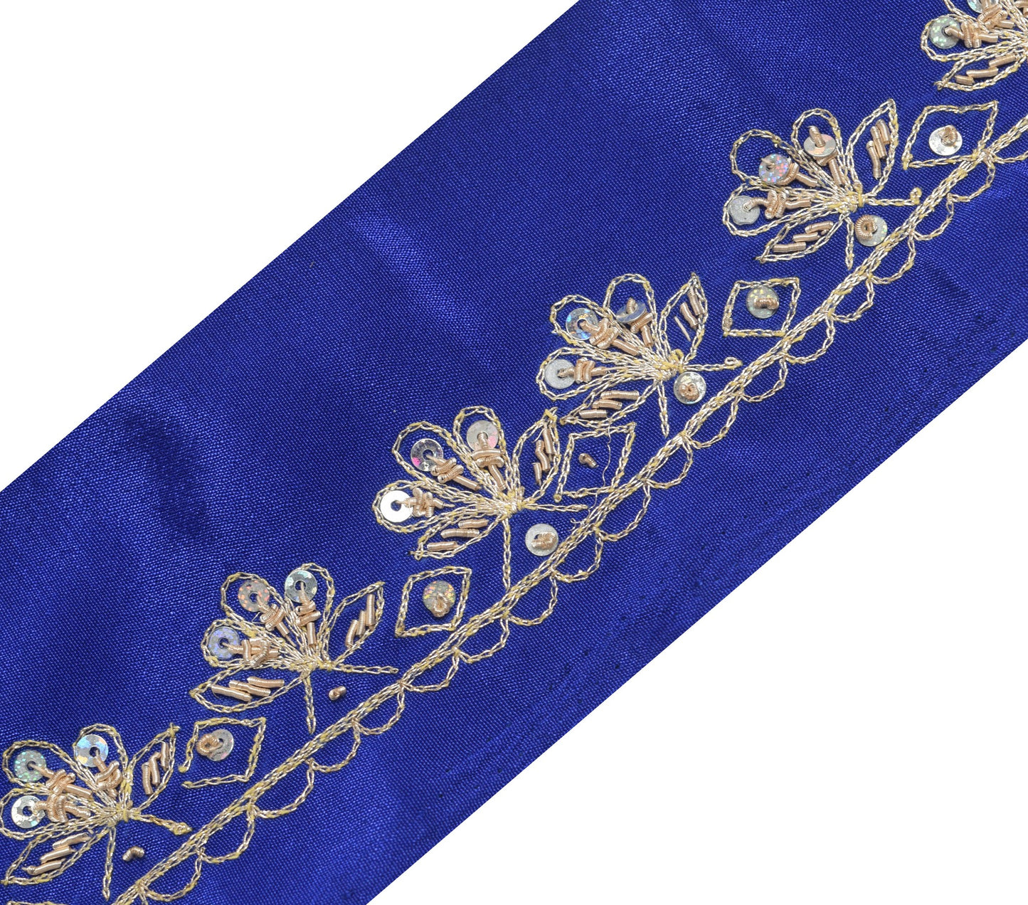 Sushila Vintage Blue Floral Silk Saree Border Indian Craft Sewing Trim Ribbon