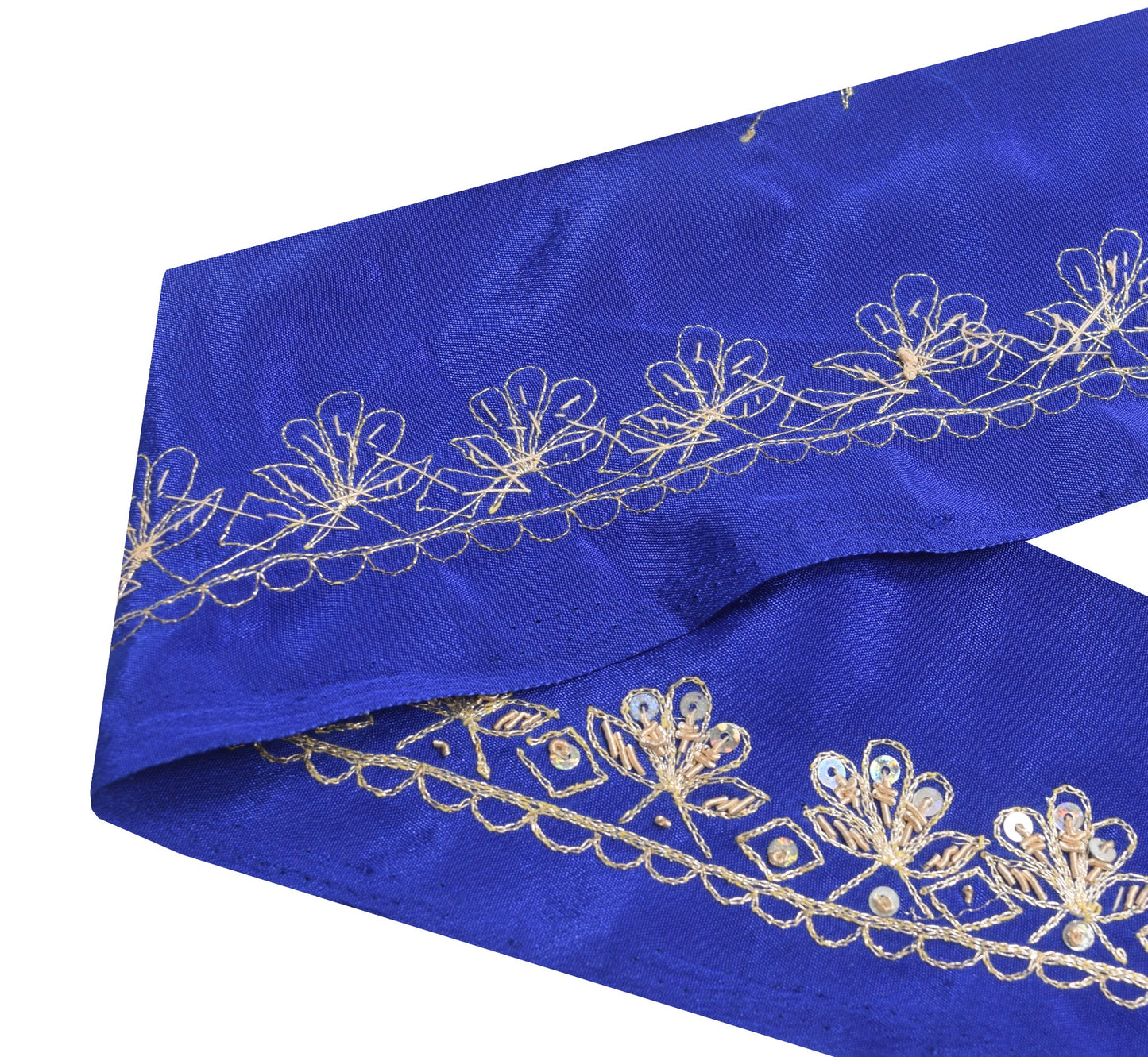 Sushila Vintage Blue Floral Silk Saree Border Indian Craft Sewing Trim Ribbon