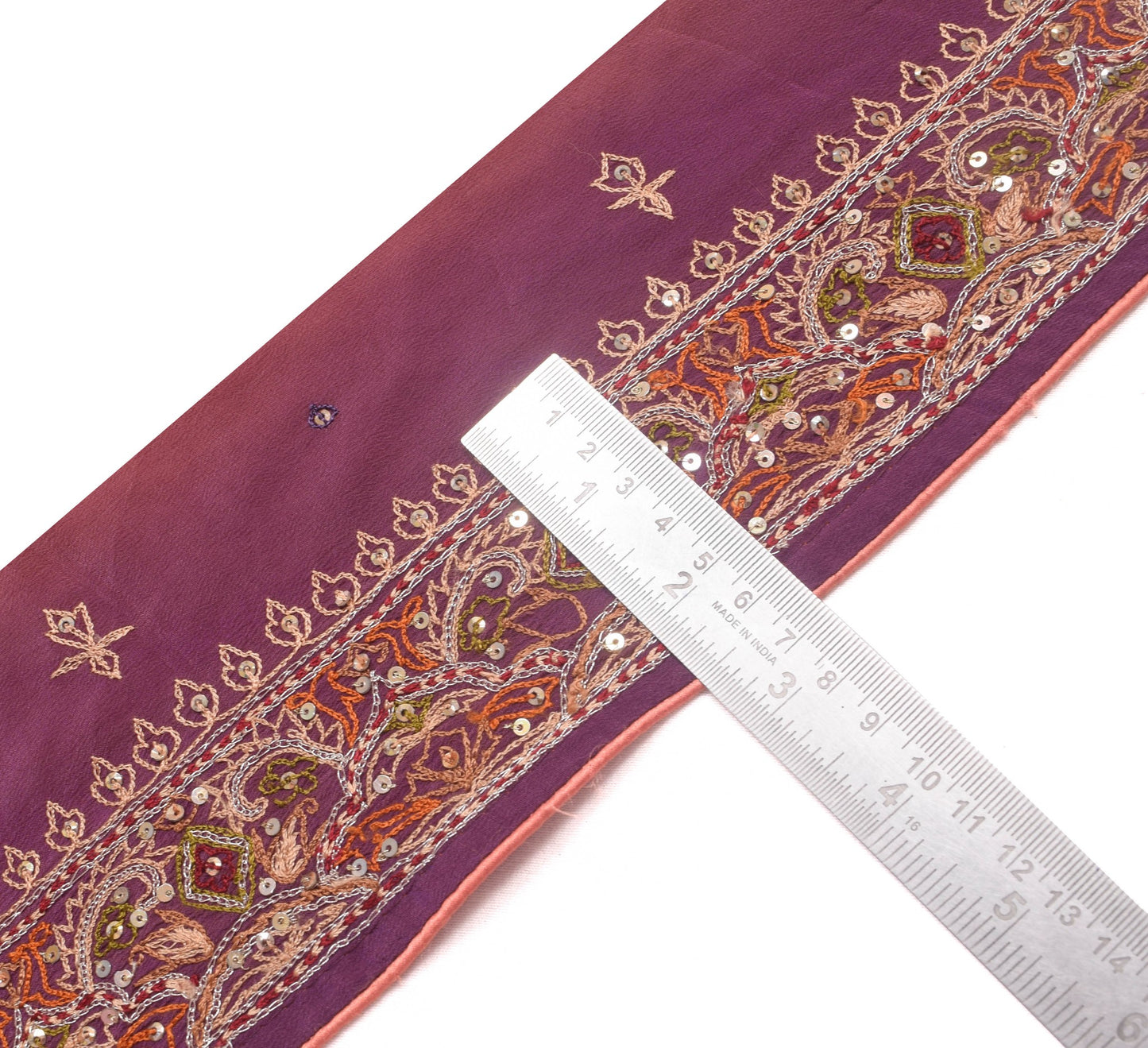 Sushila Vintage Mauve Crepe Saree Border Hand Beaded Craft Sewing Trim Lace