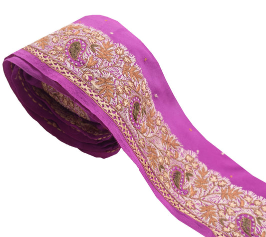 Sushila Vintage Purple Saree Border Craft Sewing Trim Embroidered Crepe Ribbon