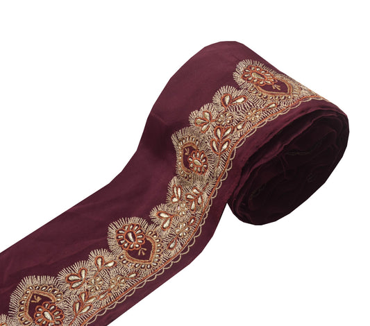 Sushila Vintage Maroon Crepe Saree Border Indian Craft Sewing Trim Floral Lace
