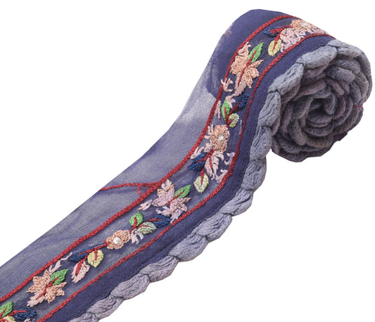 Sushila Vintage Blue Embroidered Saree Border Indian Craft Sewing Trim Lace