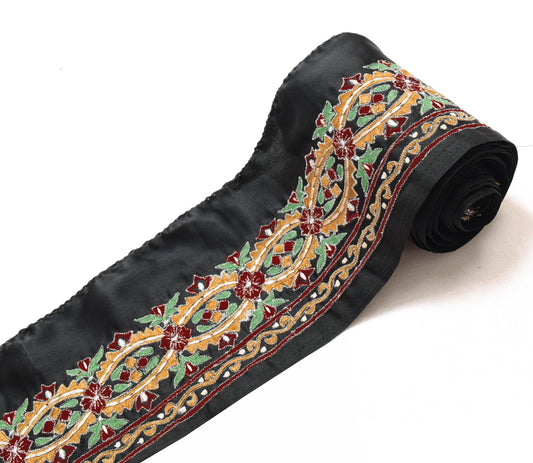 Sushila Vintage Black Satin Silk Saree Border Craft Sewing Trim Embroidery Lace