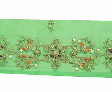 Sushila Vintage Green Saree Border Indian Craft Sewing Trim Hand Beaded Lace