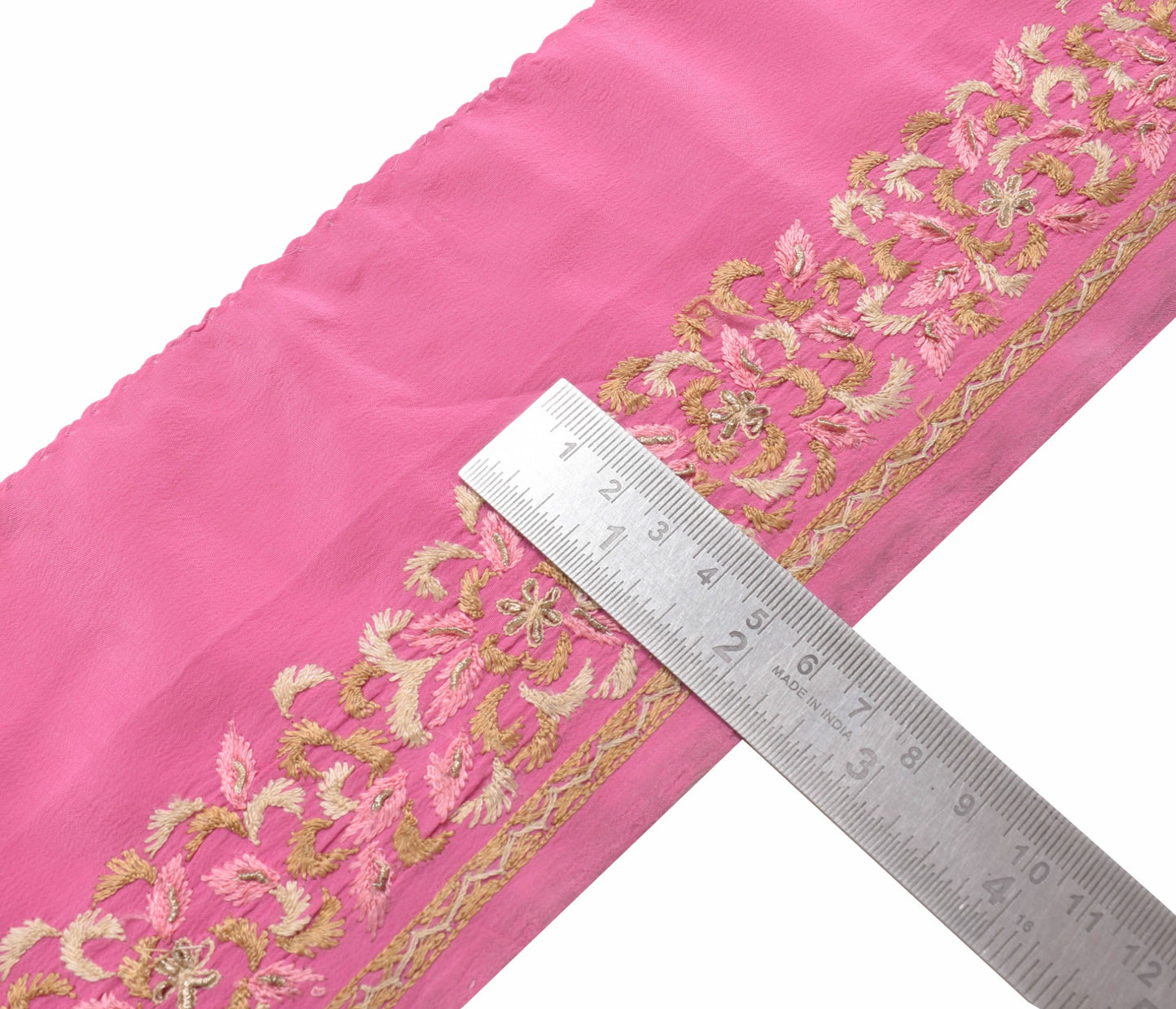 Sushila Vintage Pink Crepe Saree Border Embroidered Craft Sewing Trim Ribbon