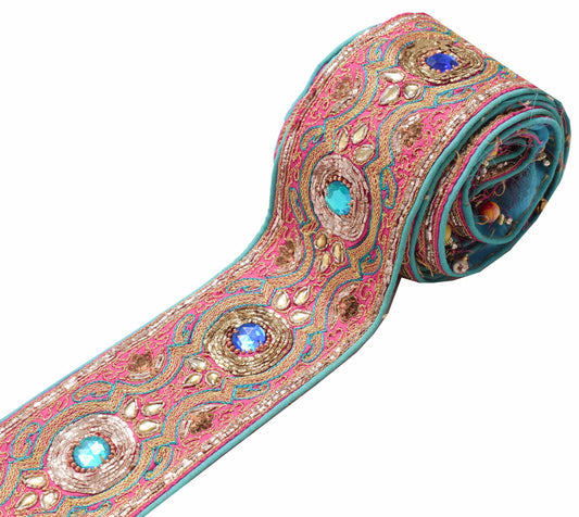 Sushila Vintage Pink Saree Border Indian Craft Sewing Trim Embroidered Ribbon