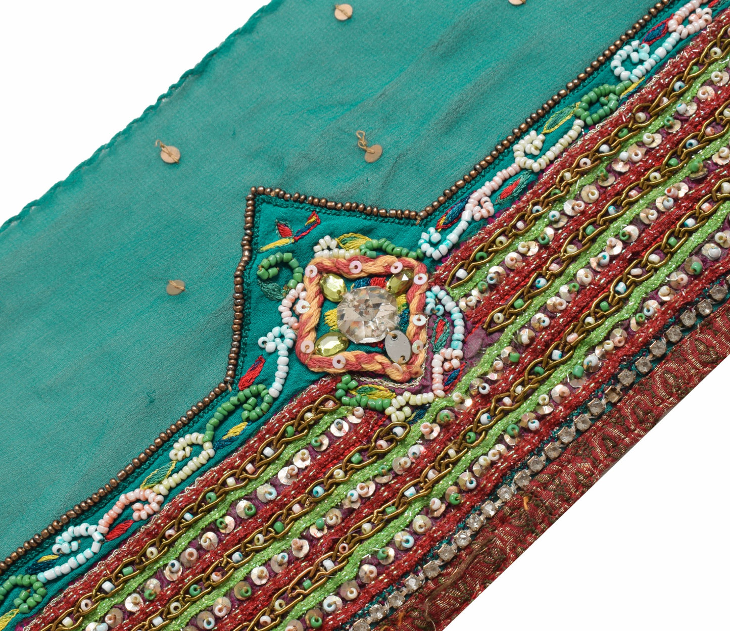 Sushila Vintage Green Georgette Saree Border Hand Beaded Craft Sewing Trim Lace