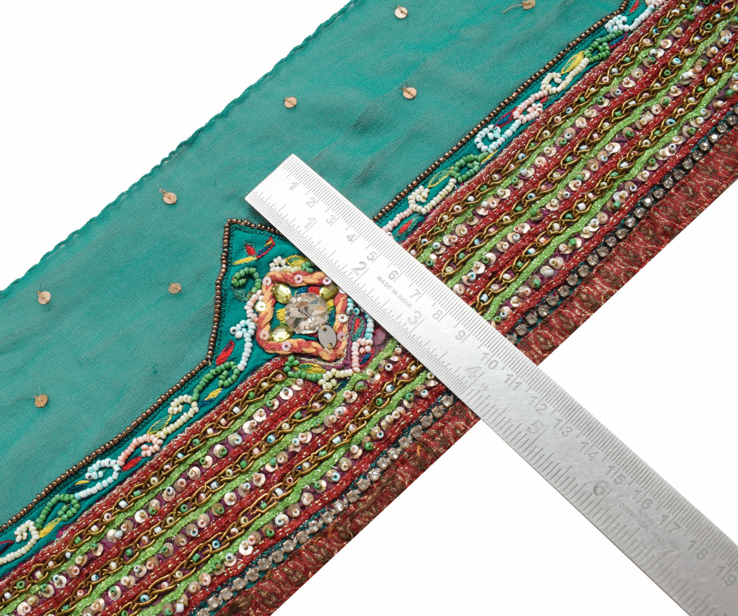 Sushila Vintage Green Georgette Saree Border Hand Beaded Craft Sewing Trim Lace