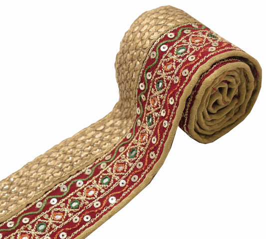 Sushila Vintage Maroon Saree Border Sequin Embellish Craft Sewing Trim Lace