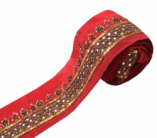 Sushila Vintage Red Crepe Saree Border Mirror Work Craft Sewing Trim Lace Ribbon