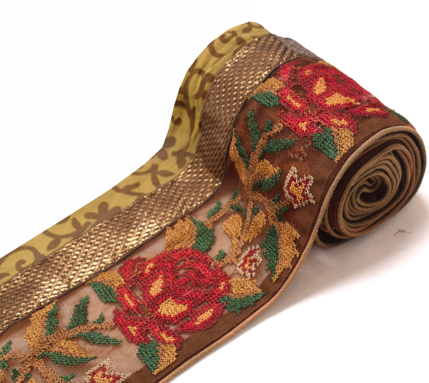Sushila Vintage Brown Saree Border Net MeshCraft Sewing Trim Embroidered Ribbon