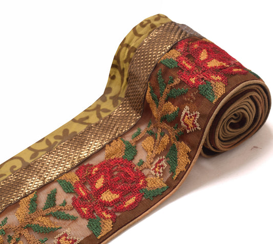 Sushila Vintage Brown Saree Border Net MeshCraft Sewing Trim Embroidered Ribbon