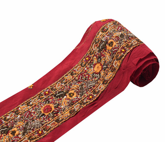 Sushila Vintage Maroon Saree Border Craft Sewing Trim Han Embroidered Crepe Lace