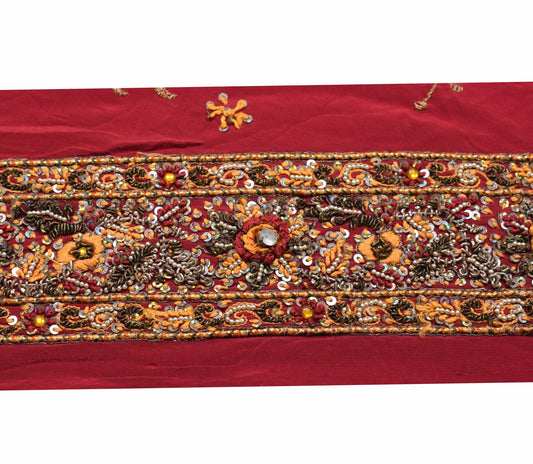 Sushila Vintage Maroon Saree Border Craft Sewing Trim Han Embroidered Crepe Lace