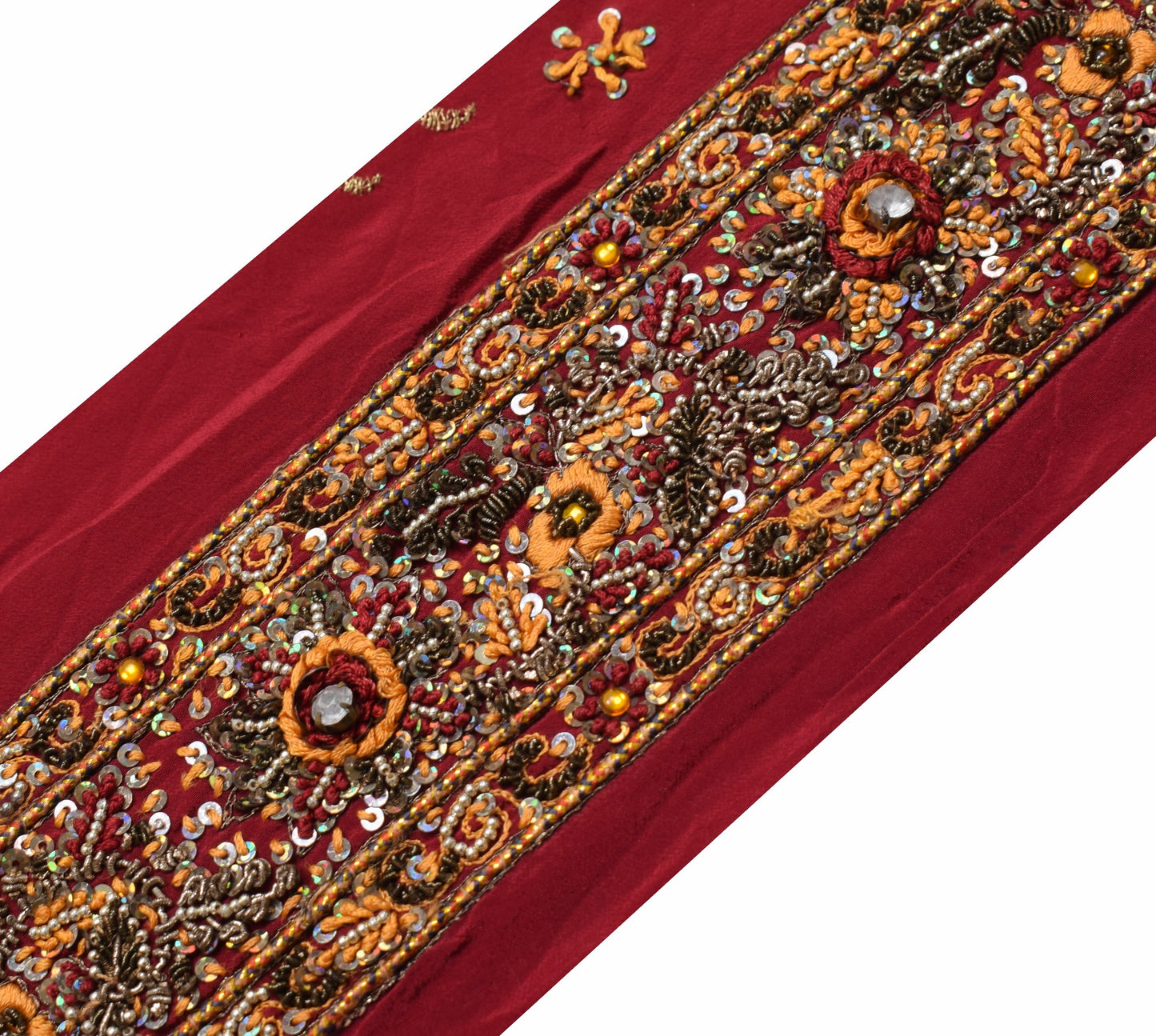 Sushila Vintage Maroon Saree Border Craft Sewing Trim Han Embroidered Crepe Lace