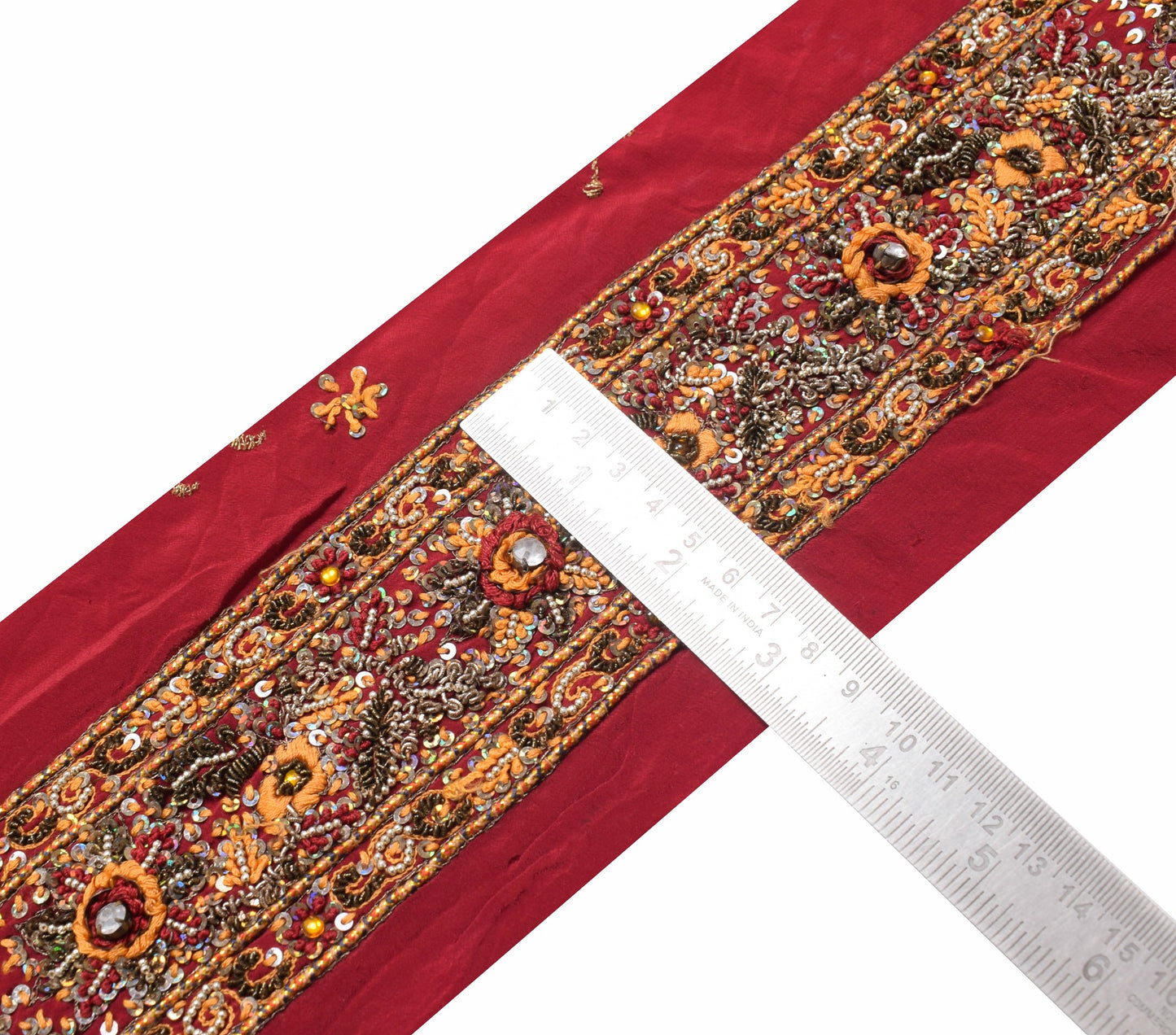 Sushila Vintage Maroon Saree Border Craft Sewing Trim Han Embroidered Crepe Lace