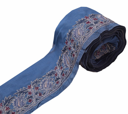 Sushila Vintage Blue Saree Border Embroidered Art Silk Craft Sewing Trim Lace