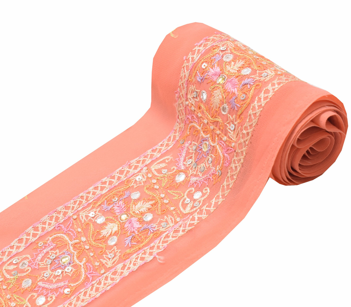 Sushila Vintage Peach Saree Border Hand Work Craft Sewing Trim Lace Ribbon