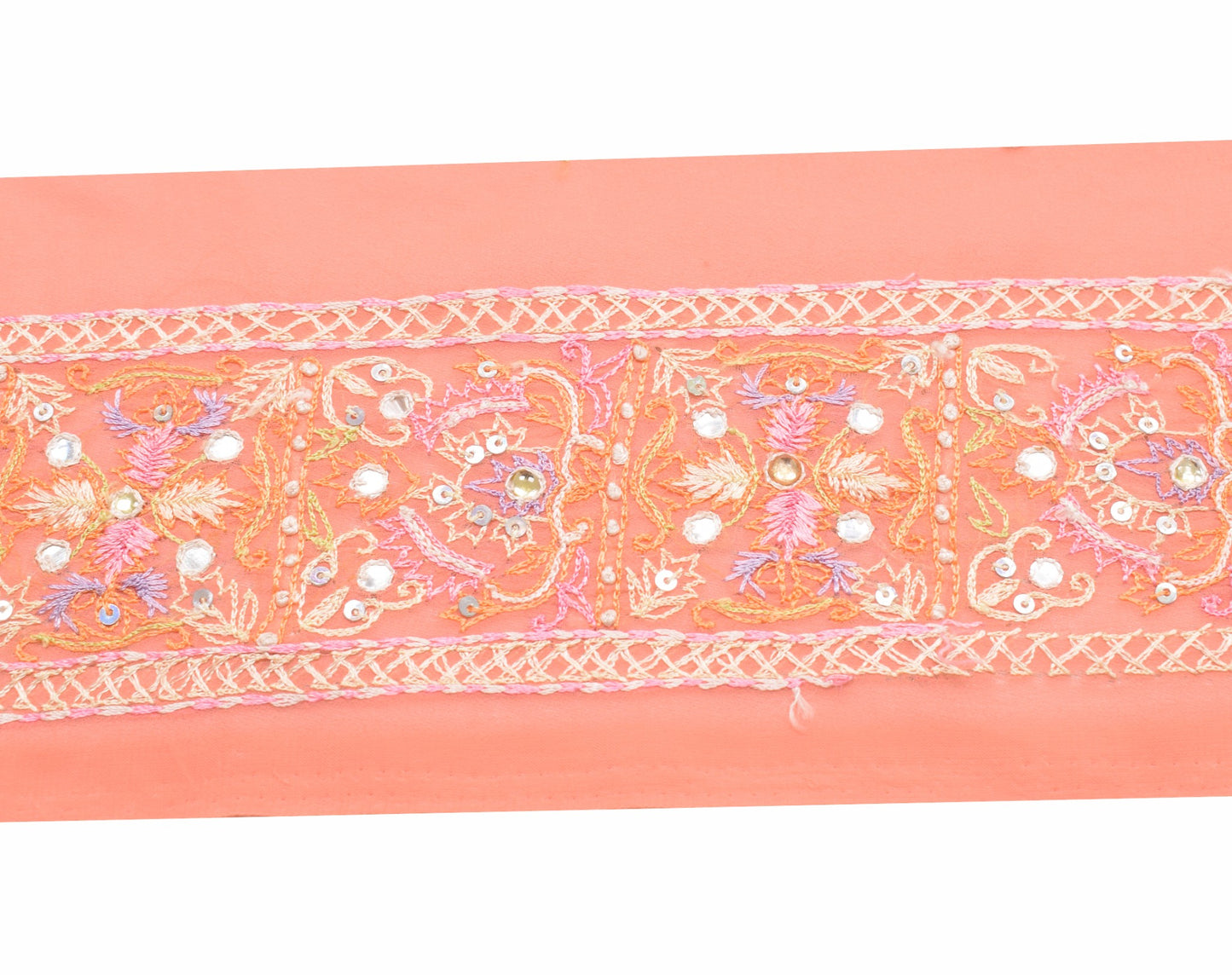 Sushila Vintage Peach Saree Border Hand Work Craft Sewing Trim Lace Ribbon