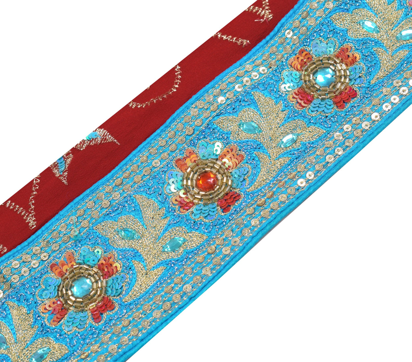 Sushila Vintage Aqua Blue Saree Border Silk Craft Sewing Trim Embroidered Lace