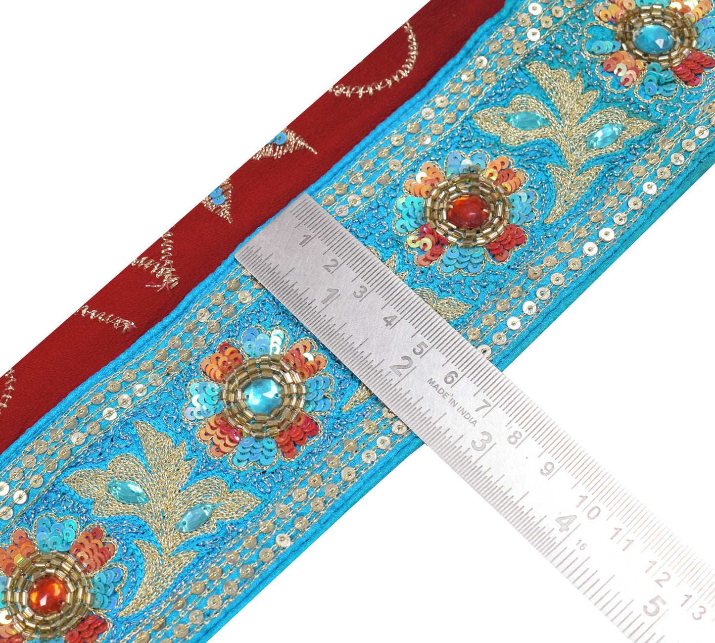 Sushila Vintage Aqua Blue Saree Border Silk Craft Sewing Trim Embroidered Lace