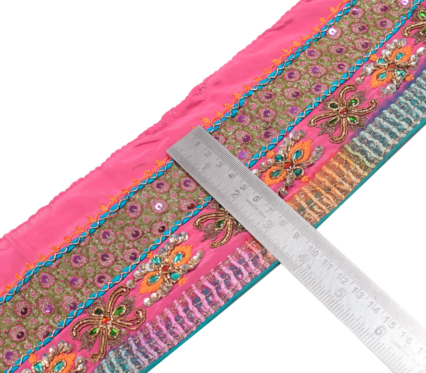 Sushila Vintage Pink Saree Border Hand Beaded Craft Sewing Trim Crepe Ribbon
