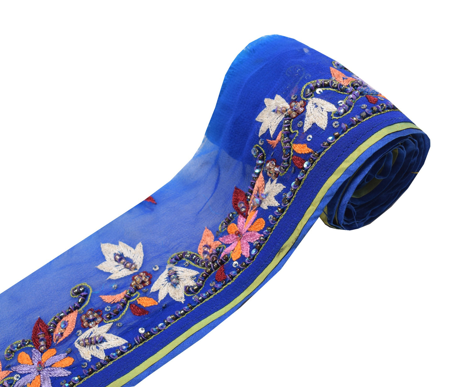 Sushila Vintage Blue Saree Border Indian Craft Sewing Trim Hand Beaded Ribbon