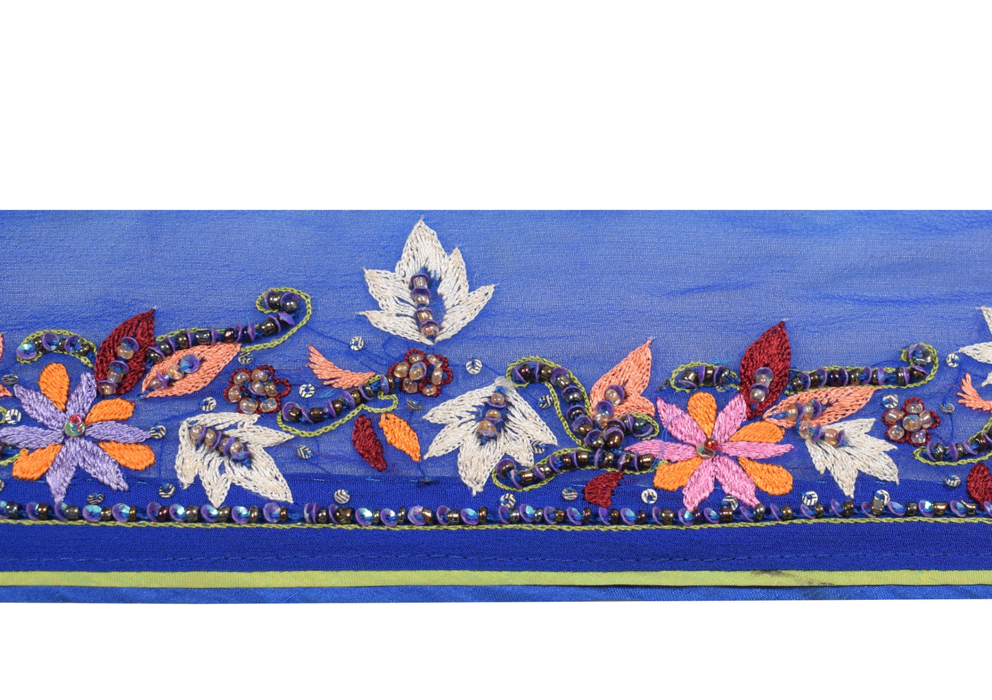 Sushila Vintage Blue Saree Border Indian Craft Sewing Trim Hand Beaded Ribbon