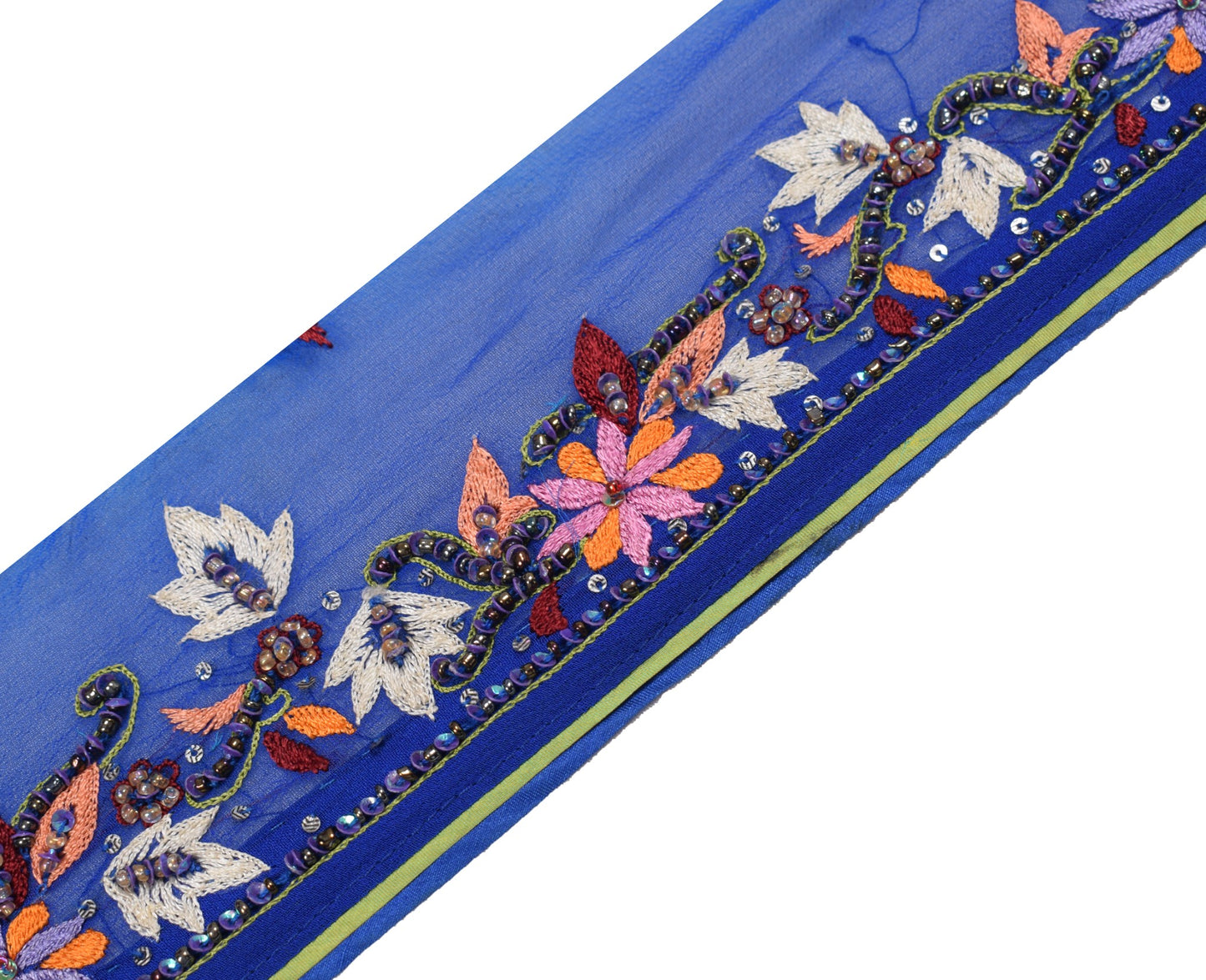 Sushila Vintage Blue Saree Border Indian Craft Sewing Trim Hand Beaded Ribbon