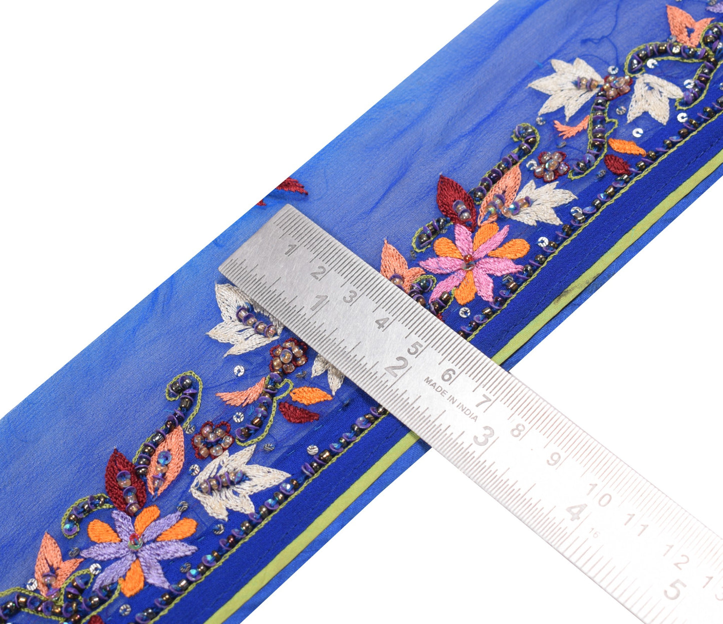 Sushila Vintage Blue Saree Border Indian Craft Sewing Trim Hand Beaded Ribbon