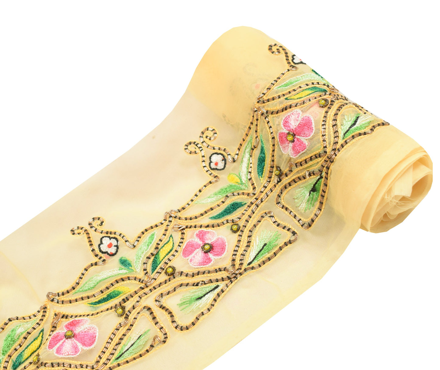 Sushila Vintage Yellow Saree Border Georgette Embroidered Craft SewingTrim Lace