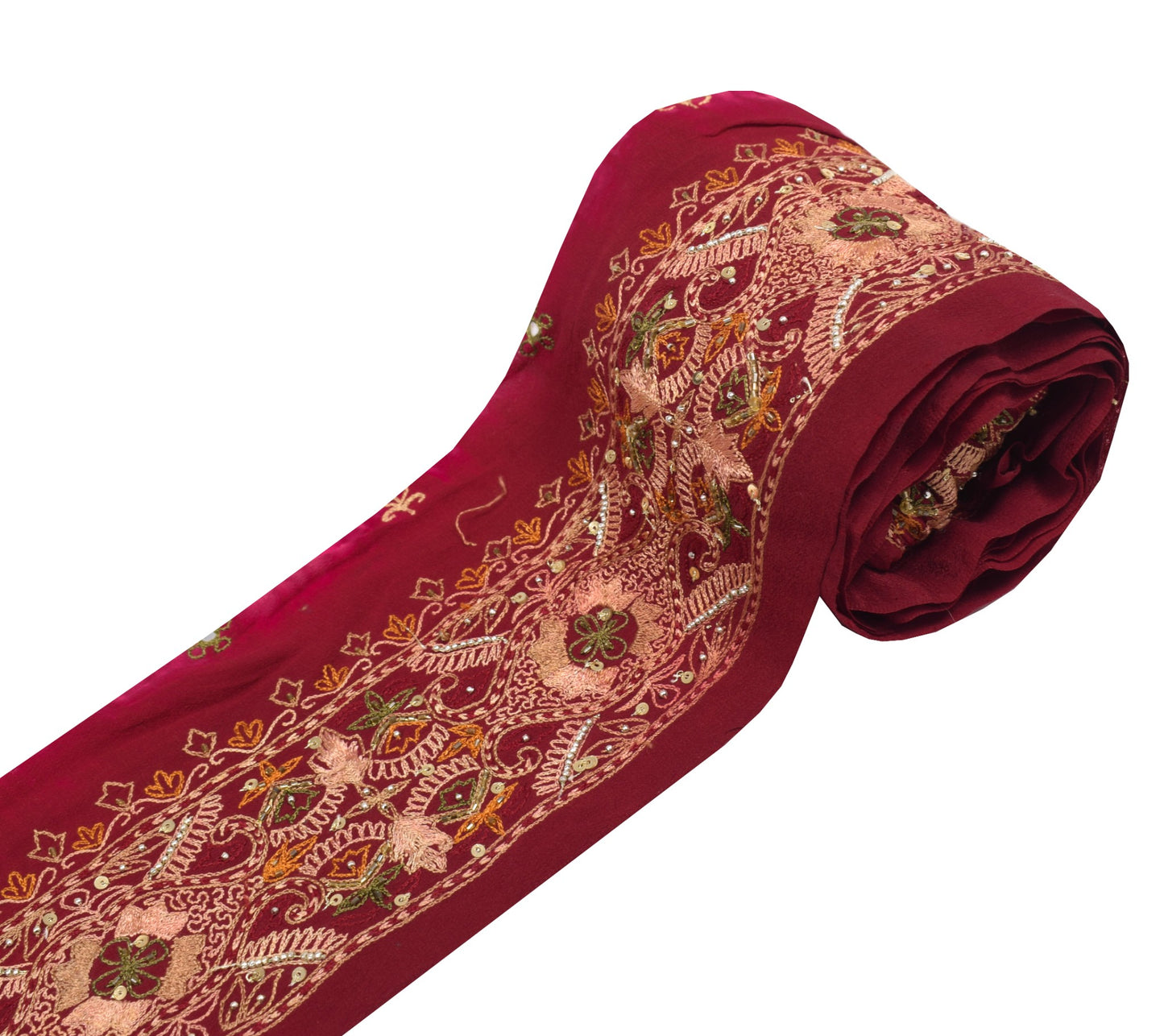 Sushila Vintage Maroon Saree Border Hand Embroidered Craft Sewing Trim Lace