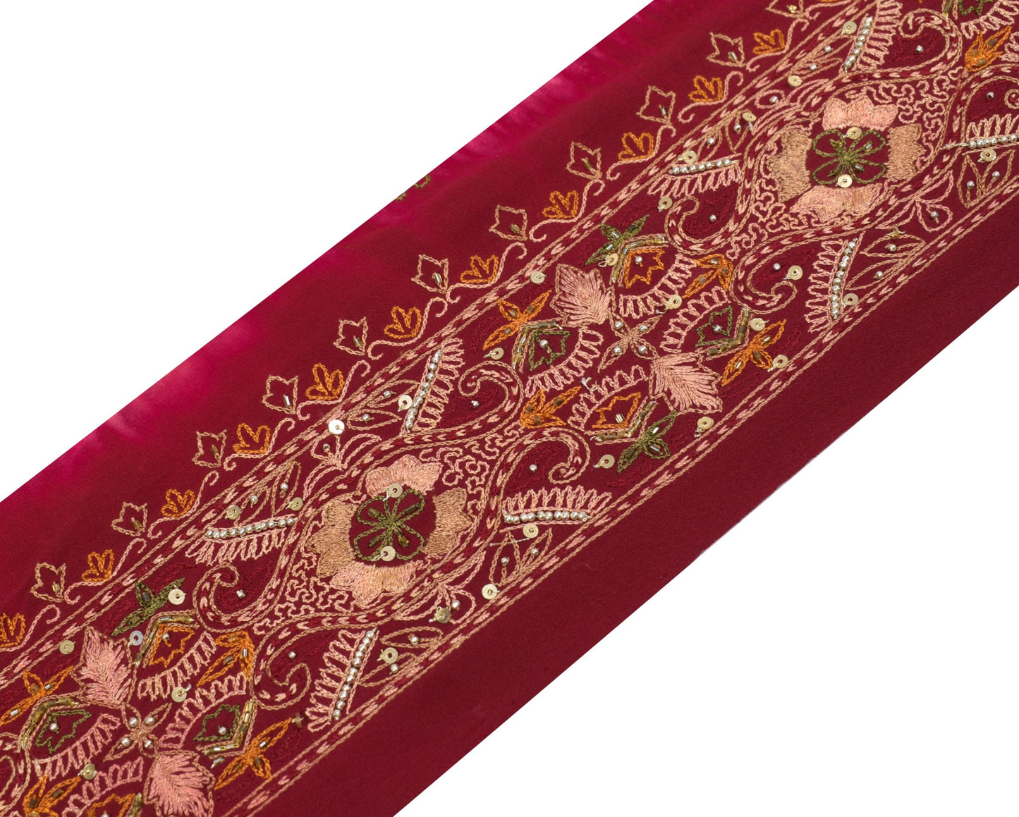 Sushila Vintage Maroon Saree Border Hand Embroidered Craft Sewing Trim Lace
