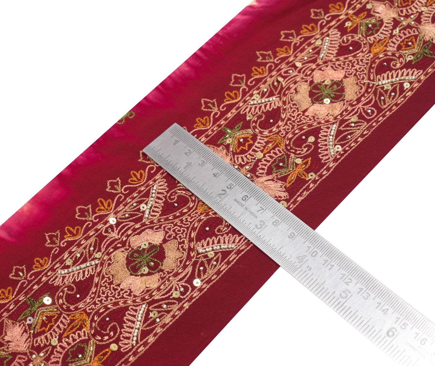 Sushila Vintage Maroon Saree Border Hand Embroidered Craft Sewing Trim Lace