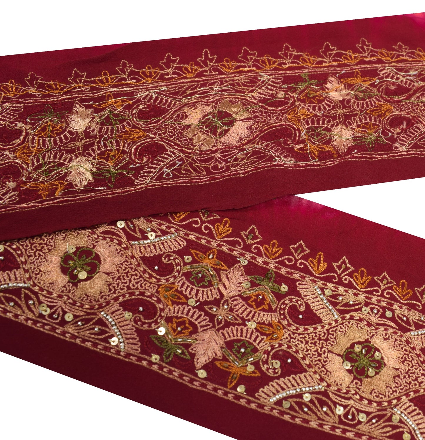 Sushila Vintage Maroon Saree Border Hand Embroidered Craft Sewing Trim Lace