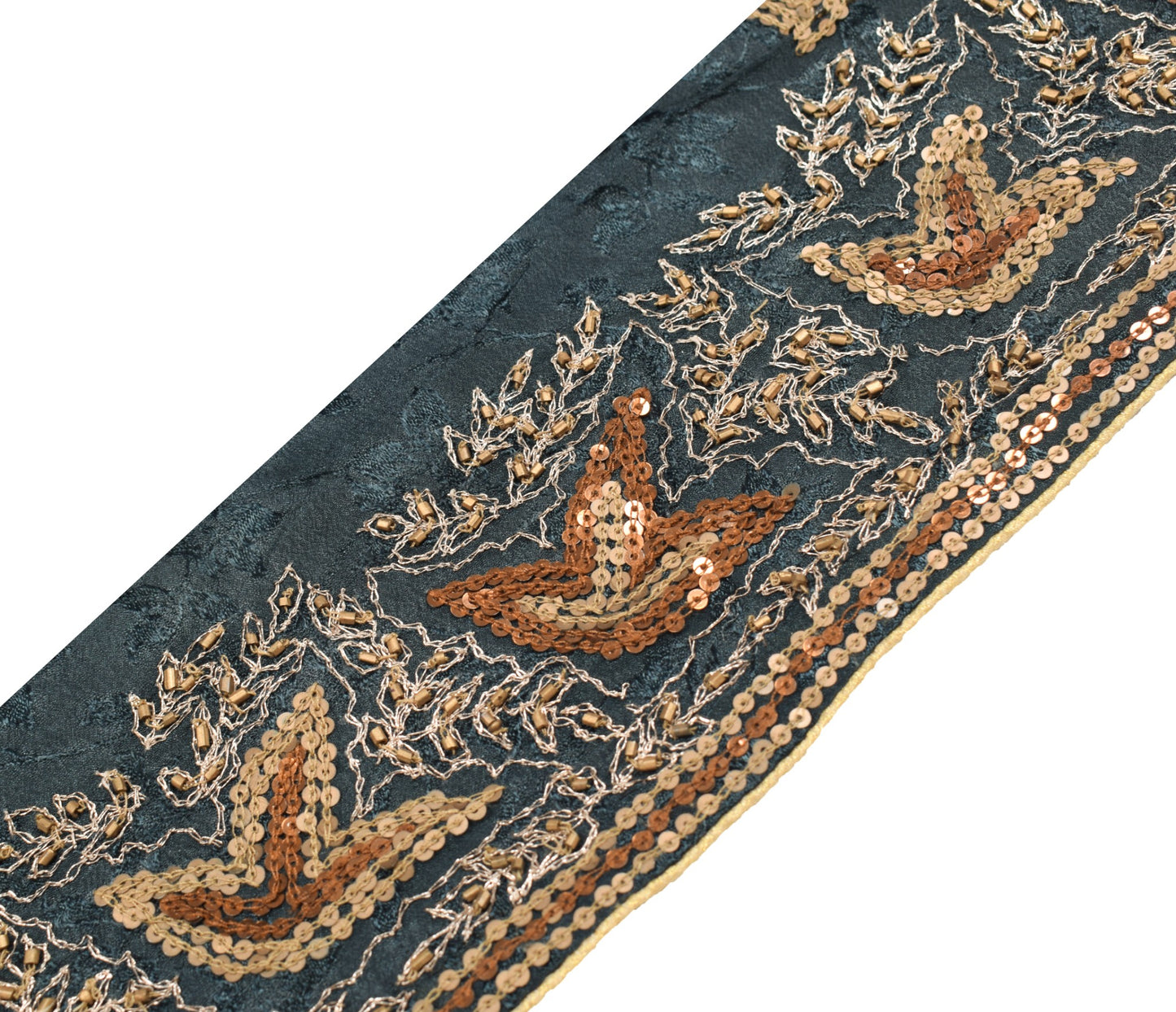 Sushila Vintage Gray Saree Border Sequins Embellish Craft Sewing Trim Silk Lace