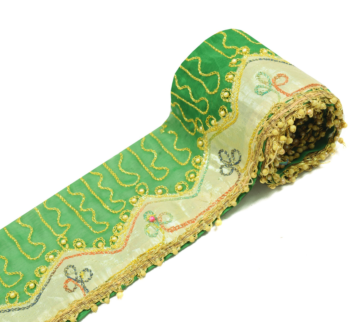 Sushila Vintage Green Gold Saree Border Craft Sewing Trim Silk Embroidered Lace