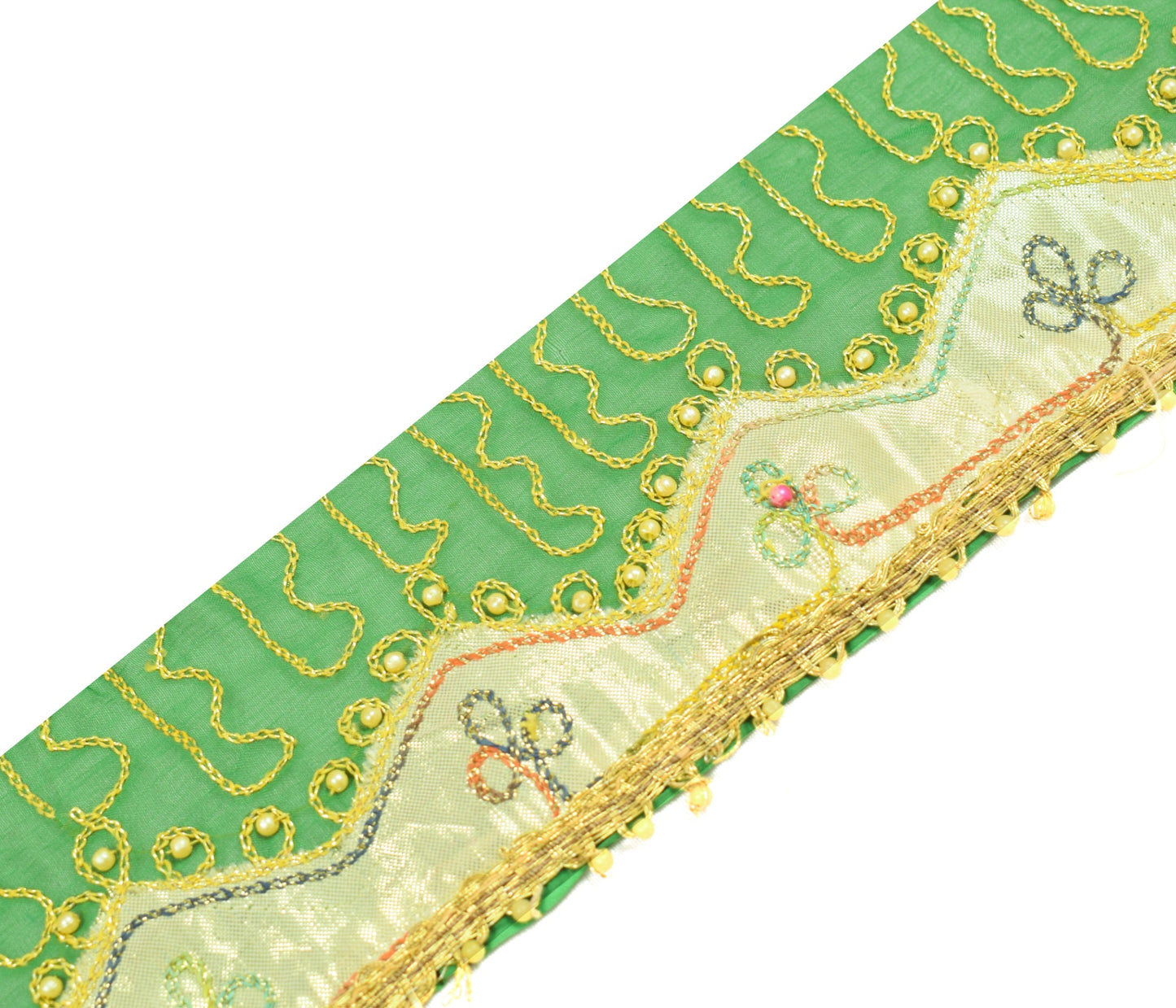 Sushila Vintage Green Gold Saree Border Craft Sewing Trim Silk Embroidered Lace