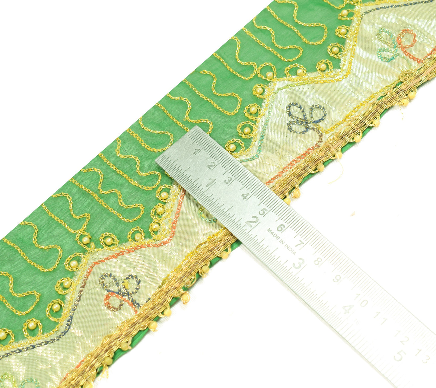 Sushila Vintage Green Gold Saree Border Craft Sewing Trim Silk Embroidered Lace