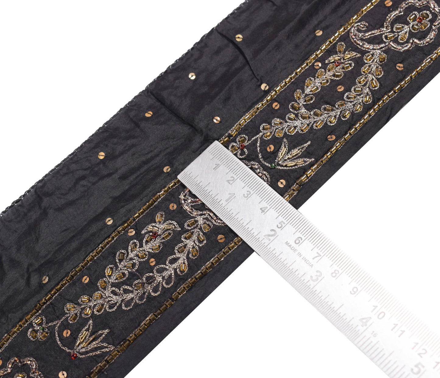 Sushila Vintage Black Saree Border Indian Craft Sewing Trim Hand Beaded Ribbon