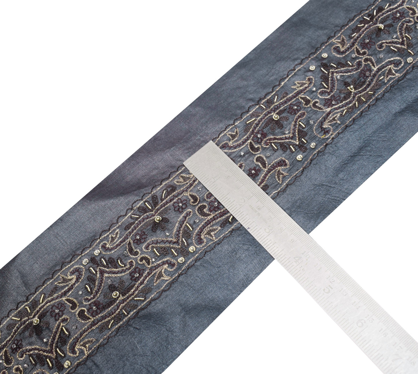 Sushila Vintage Gray Saree Border Pure Tussar Craft Sewing Trim Embroidery Lace