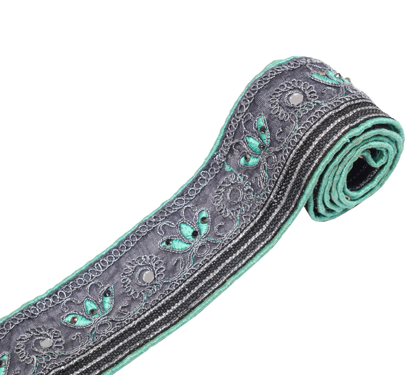 Sushila Vintage Gray Saree Border Indian Craft Sewing Trim Embroidered Ribbon