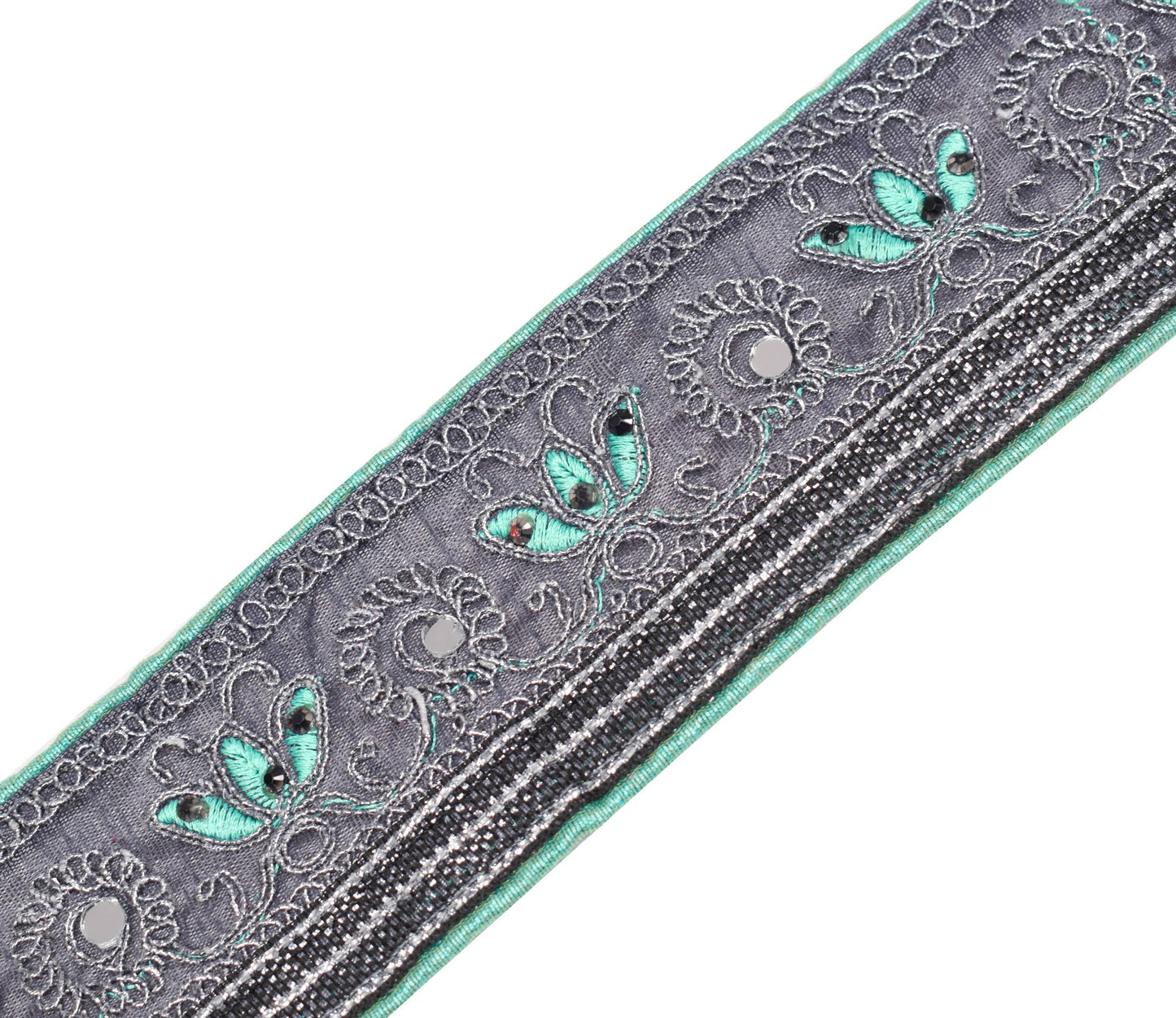 Sushila Vintage Gray Saree Border Indian Craft Sewing Trim Embroidered Ribbon
