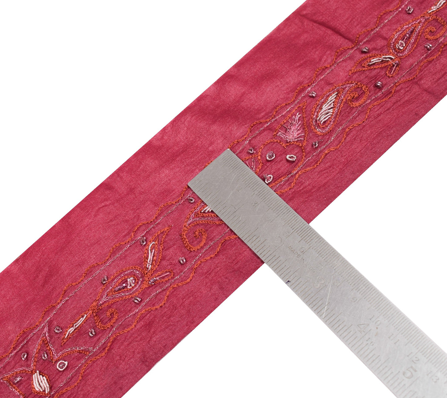 Sushila Vintage Maroon Saree Border Hand Embroidered Craft Sewing Trim Lace