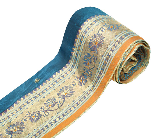 Sushila Vintage Blue-Gold Saree Border Craft Sewing Trim Woven Silk Lace Ribbon