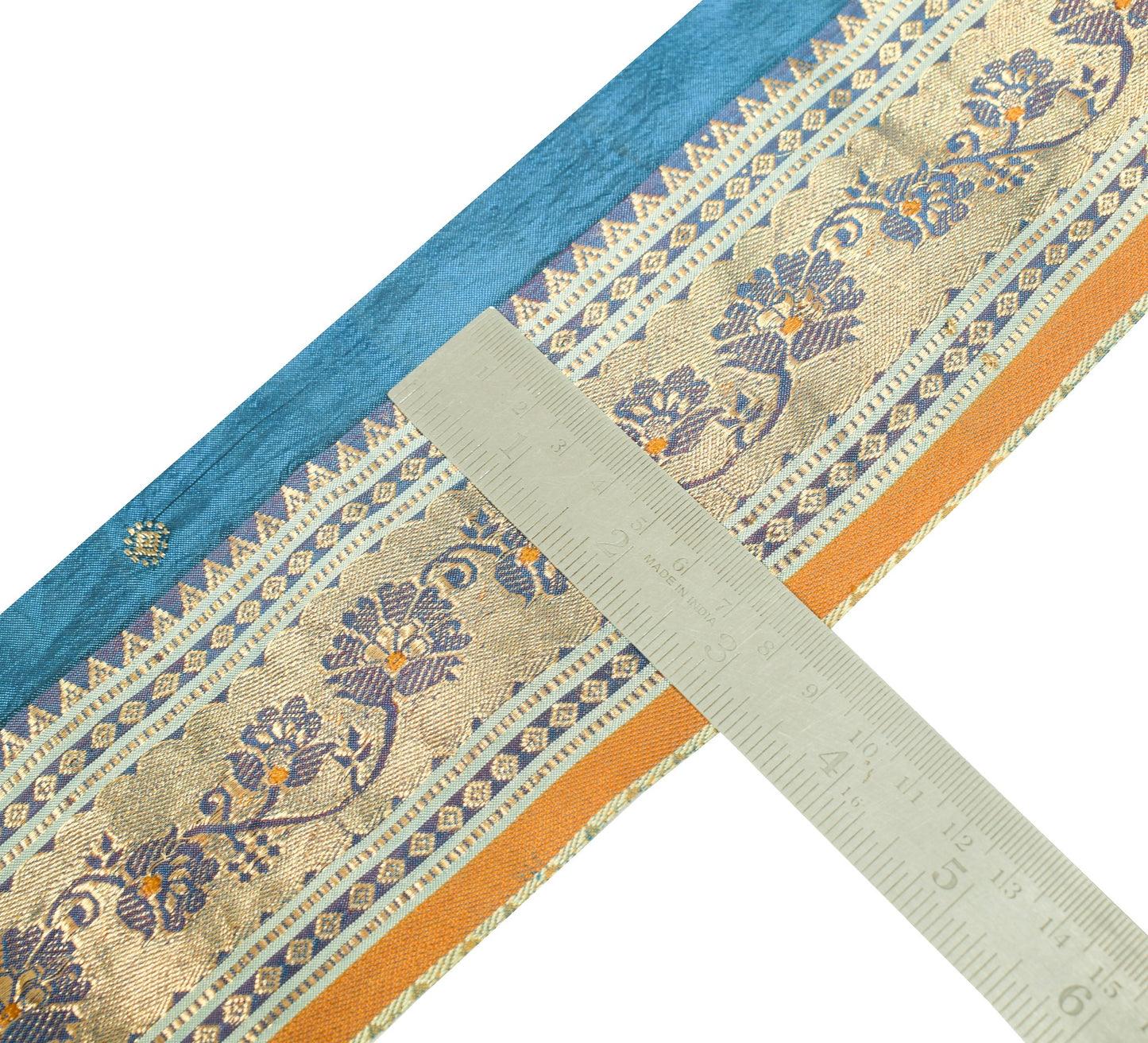Sushila Vintage Blue-Gold Saree Border Craft Sewing Trim Woven Silk Lace Ribbon