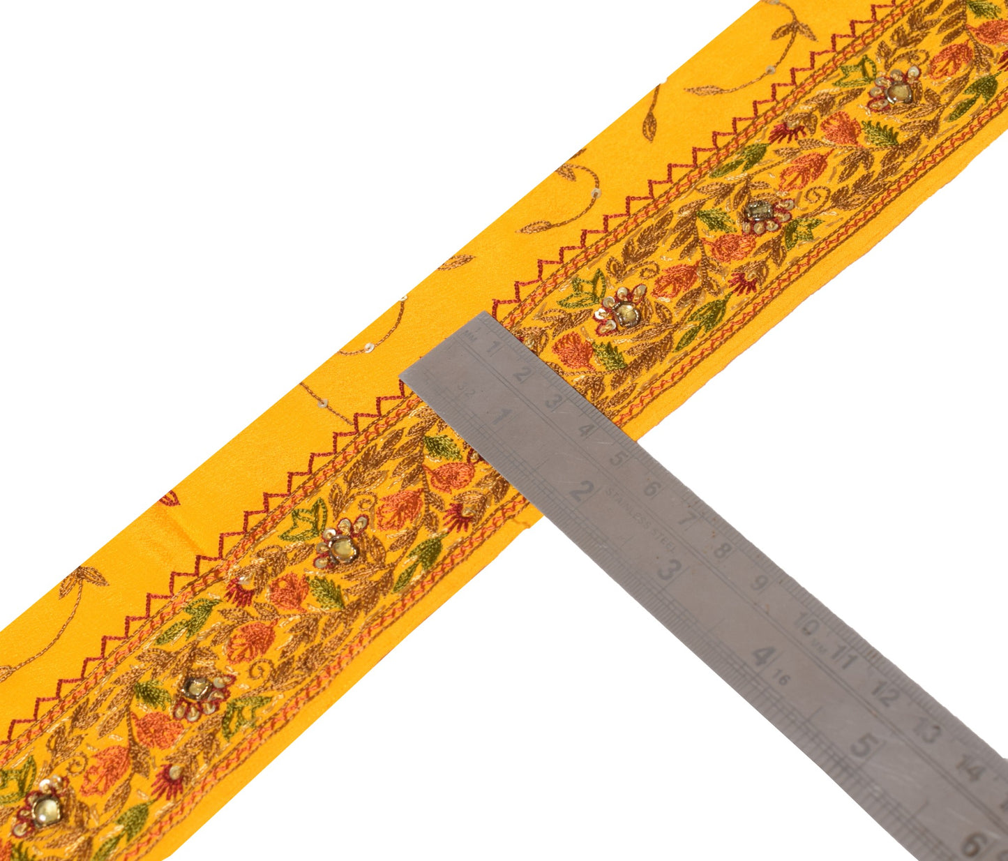 Sushila Vintage Yellow Saree Border Craft Sewing Trim Hand Embroidered Lace