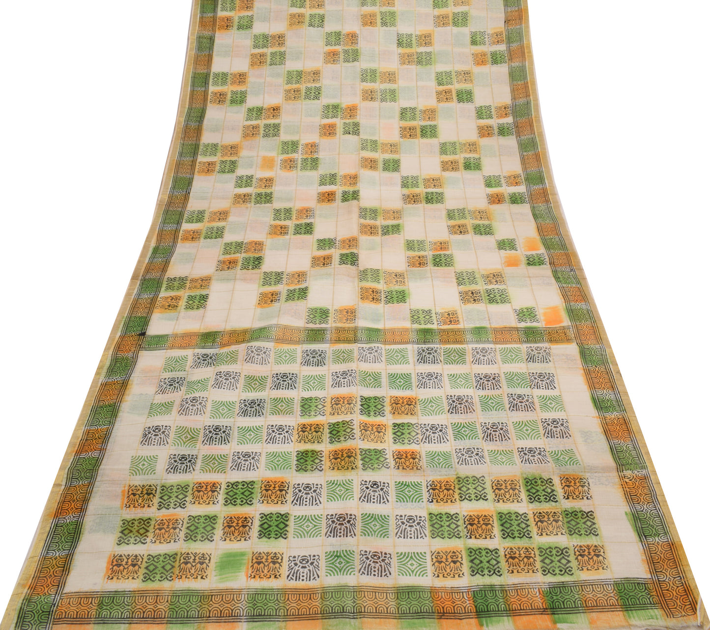 Sushila Vintage Cream Indian Saree 100% Pure Cotton Printed & Woven Craft Fabric