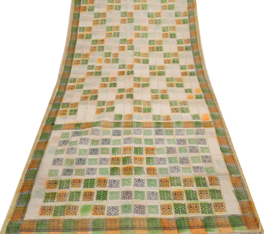 Sushila Vintage Cream Indian Saree 100% Pure Cotton Printed & Woven Craft Fabric